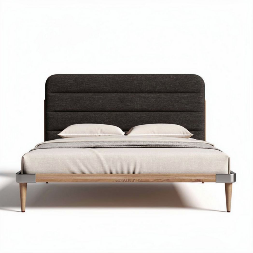 Letto matrimoniale con testata imbottita in tessuto grigio e struttura in legno 200 x 160 x 100cm