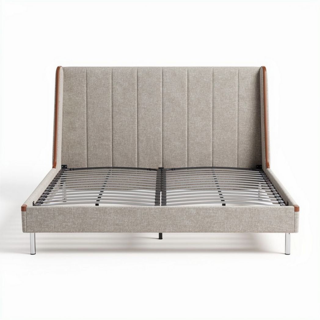 Letto matrimoniale in tessuto grigio con testiera imbottita e struttura in metallo 200 x 160 x 100cm