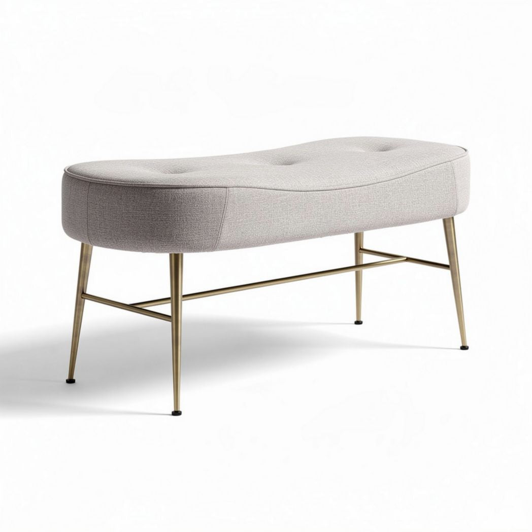 Panchina in tessuto grigio con struttura in metallo dorato 120 x 50 x 40cm