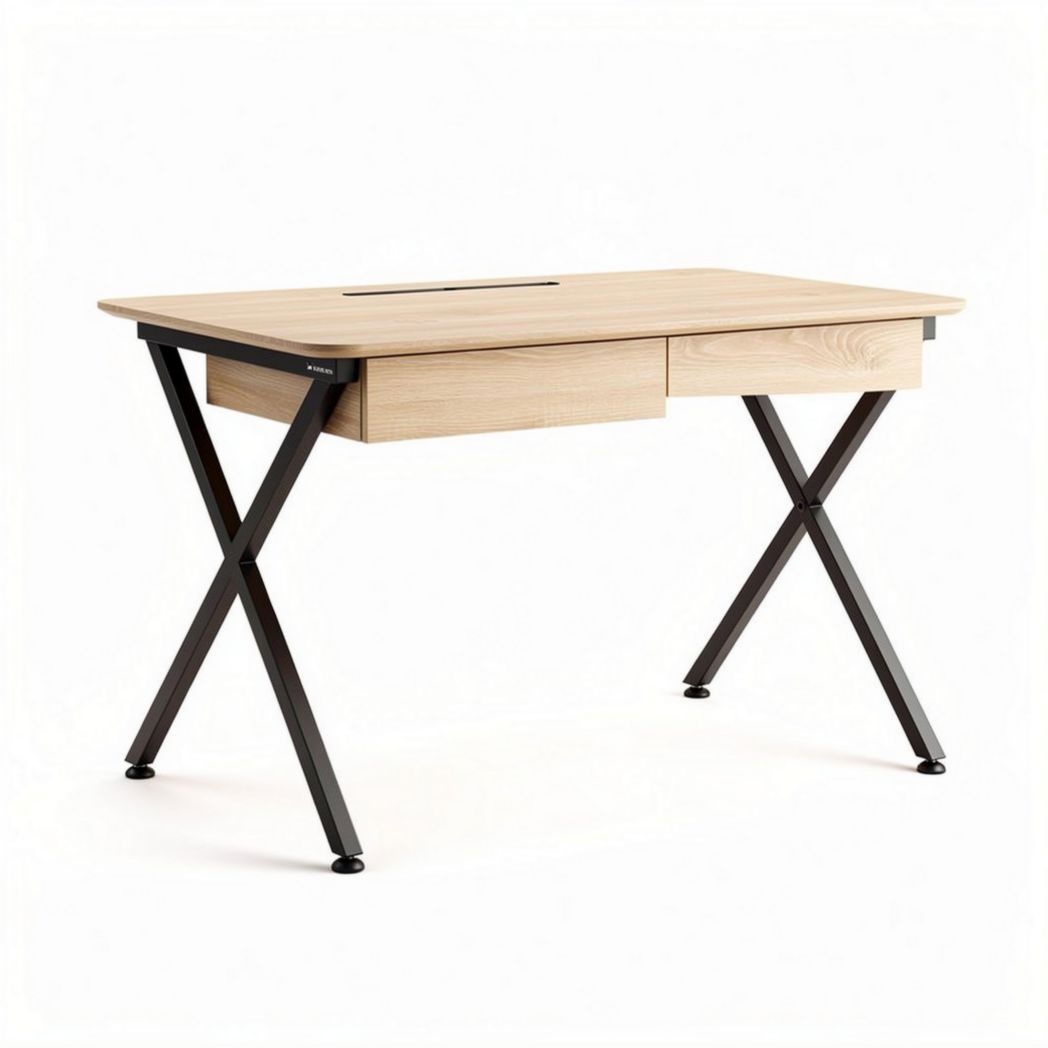 Scrivania moderna in legno di pino 120 x 60 x 75cm con cassetto e struttura in metallo nero